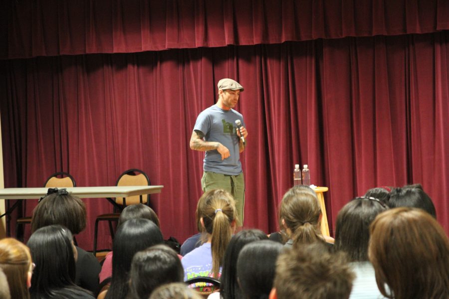 Frank Meeink shares with the audience his transformation from a Skinhead leader into an advocate for peace as part of Tuesday’s Leadership Workshop series.