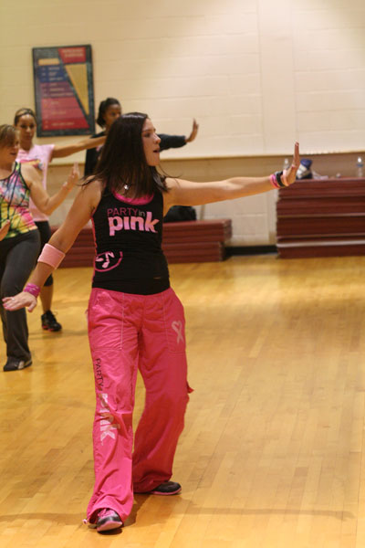 Zumba instructor Meghan Olinger leads women in the Party in Pink Zumbathon for breast cancer.