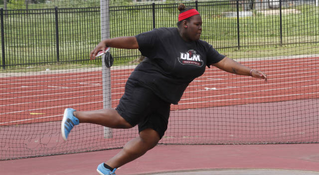 Discuss thrower Alexis Gordon winds up during the UCA Open last weekend. She won the discuss competition.