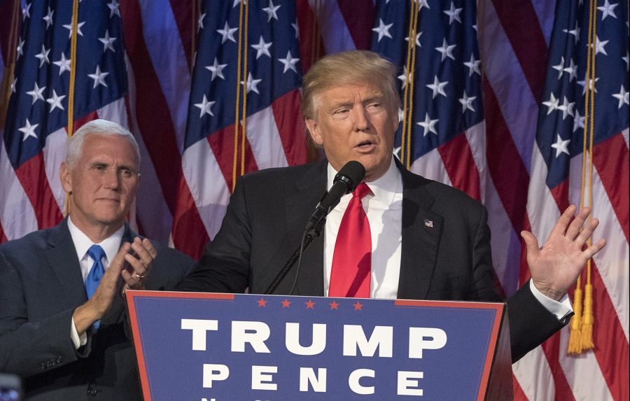 President-elect Donald Trump speaks to supporters after winning the election on Wednesday, Nov. 9, 2016 at the Election Night Party at the Hilton Midtown Hotel in New York City. (J. Conrad Williams Jr./Newsday/TNS)