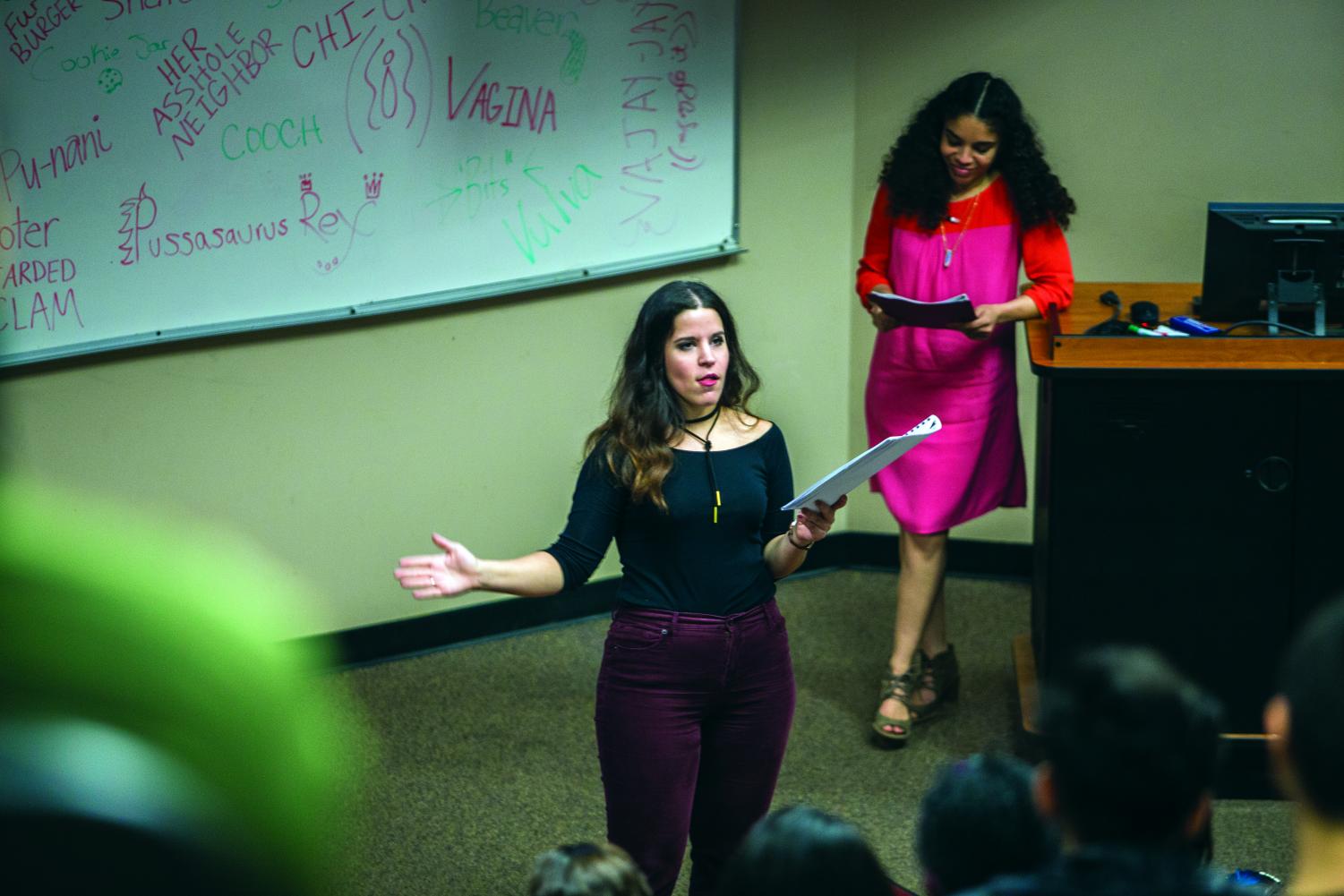 UNTIL THE VIOLENCE STOPS: Rebekah Barnes (left) performs “Because he likes to look at it” along with Vanelis Rivera.