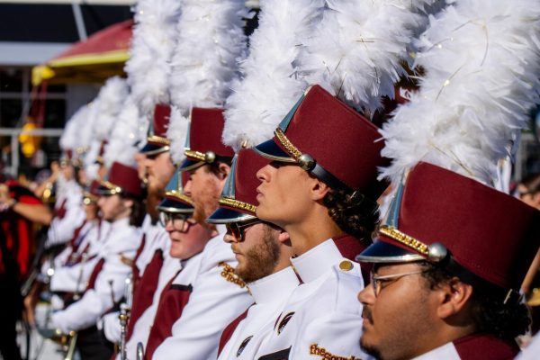 Members of the marching band lined up during a football game