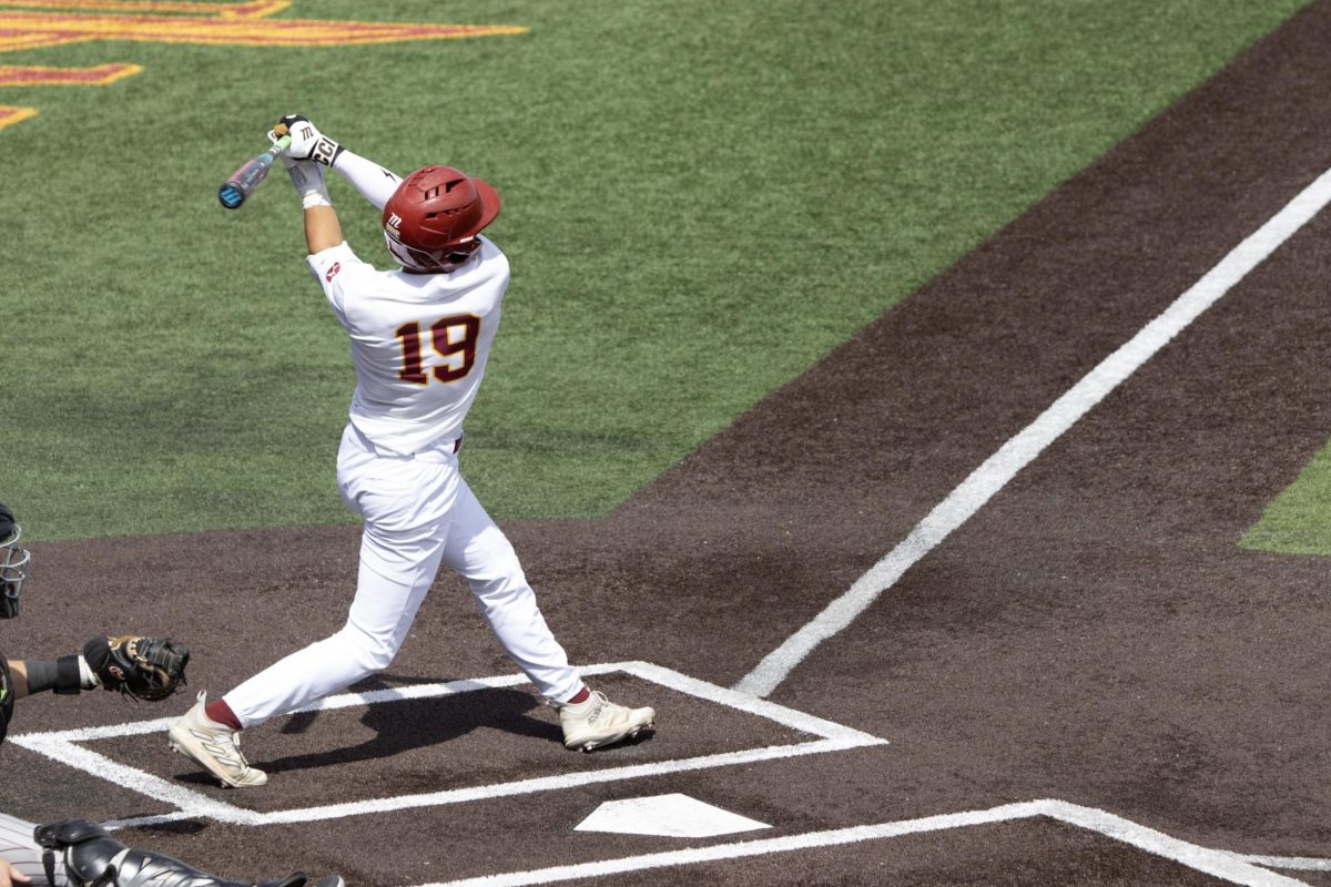 ULM baseball Infielder #19 Dayne Wray swinging for the fences.